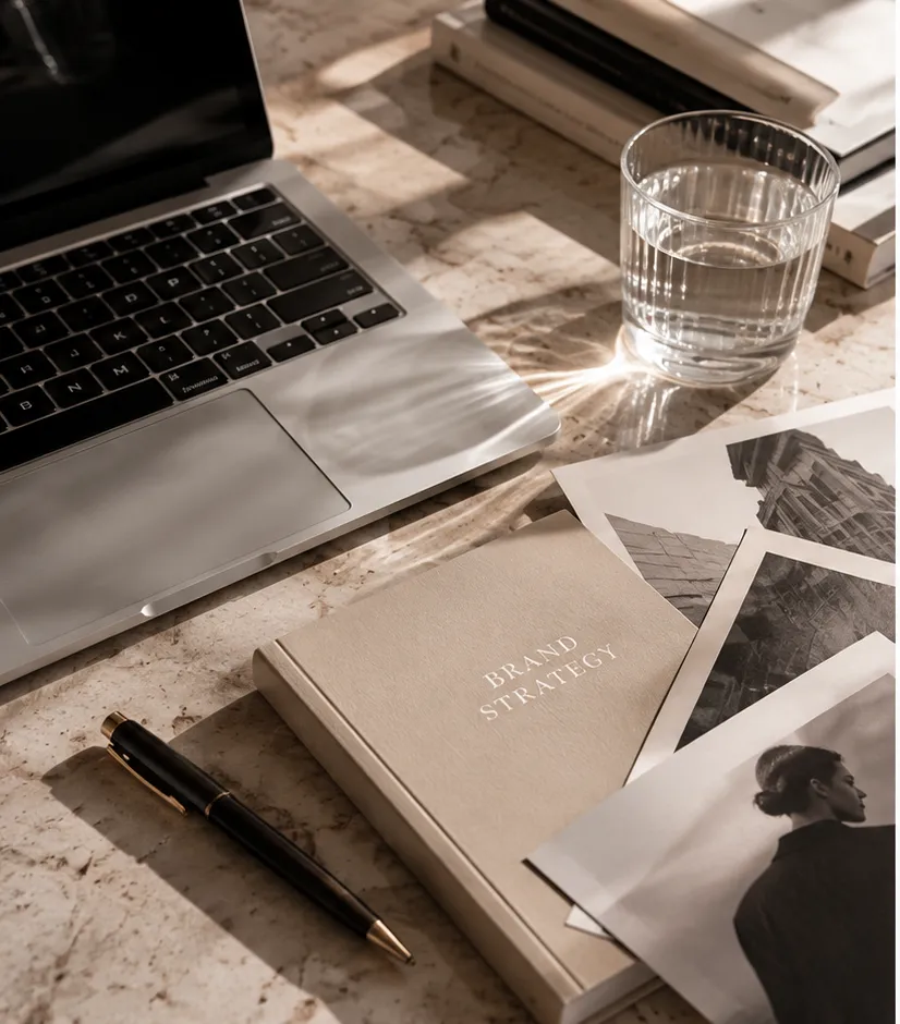 Bureau avec ordinateur portable, carnet « Brand Strategy » et tirages photo