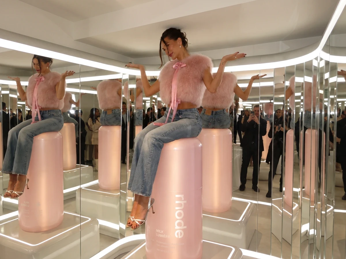 Hailey Bieber assise sur une reproduction géante d’un produit Rhode rose.