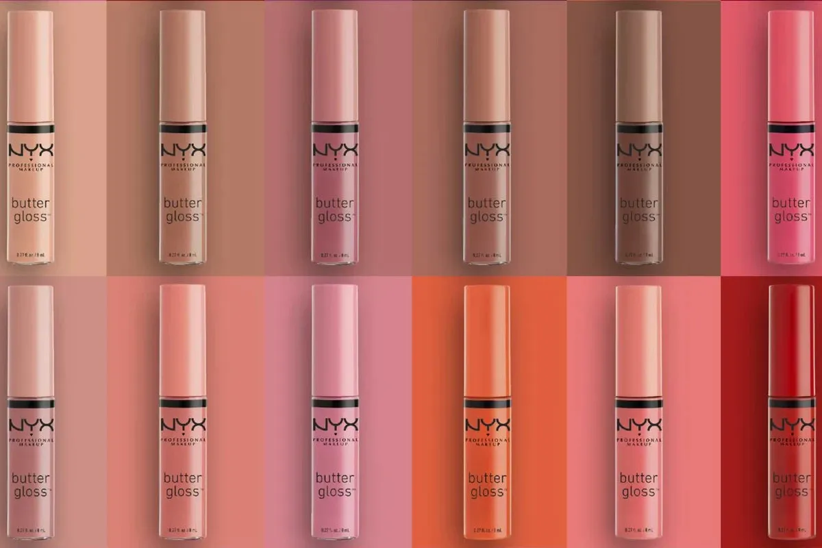 Collection de Butter Gloss NYX Professional Makeup dans différentes teintes roses, nude et mauves